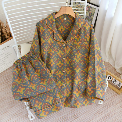 Τα νεότερα λουλούδια εμπριμέ βαμβακερά γυναικεία μακρυμάνικα παντελόνια για το σπίτι Κοστούμι ρετρό στυλ Παντελόνι σετ πιτζάμες για την άνοιξη και το φθινόπωρο