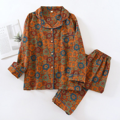 Τα νεότερα λουλούδια εμπριμέ βαμβακερά γυναικεία μακρυμάνικα παντελόνια για το σπίτι Κοστούμι ρετρό στυλ Παντελόνι σετ πιτζάμες για την άνοιξη και το φθινόπωρο