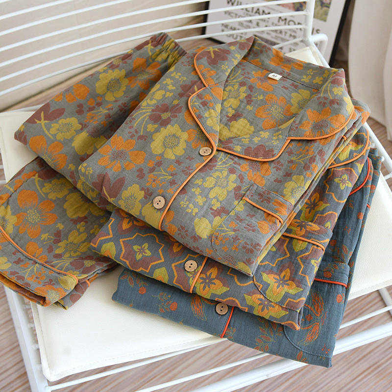 Τα νεότερα λουλούδια εμπριμέ βαμβακερά γυναικεία μακρυμάνικα παντελόνια για το σπίτι Κοστούμι ρετρό στυλ Παντελόνι σετ πιτζάμες για την άνοιξη και το φθινόπωρο