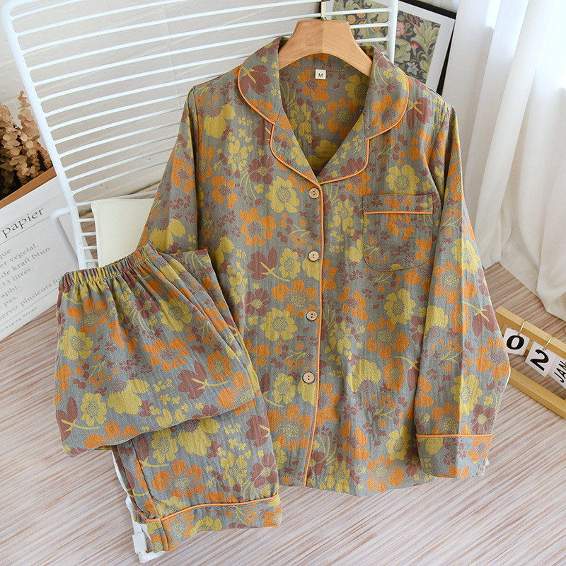 Τα νεότερα λουλούδια εμπριμέ βαμβακερά γυναικεία μακρυμάνικα παντελόνια για το σπίτι Κοστούμι ρετρό στυλ Παντελόνι σετ πιτζάμες για την άνοιξη και το φθινόπωρο