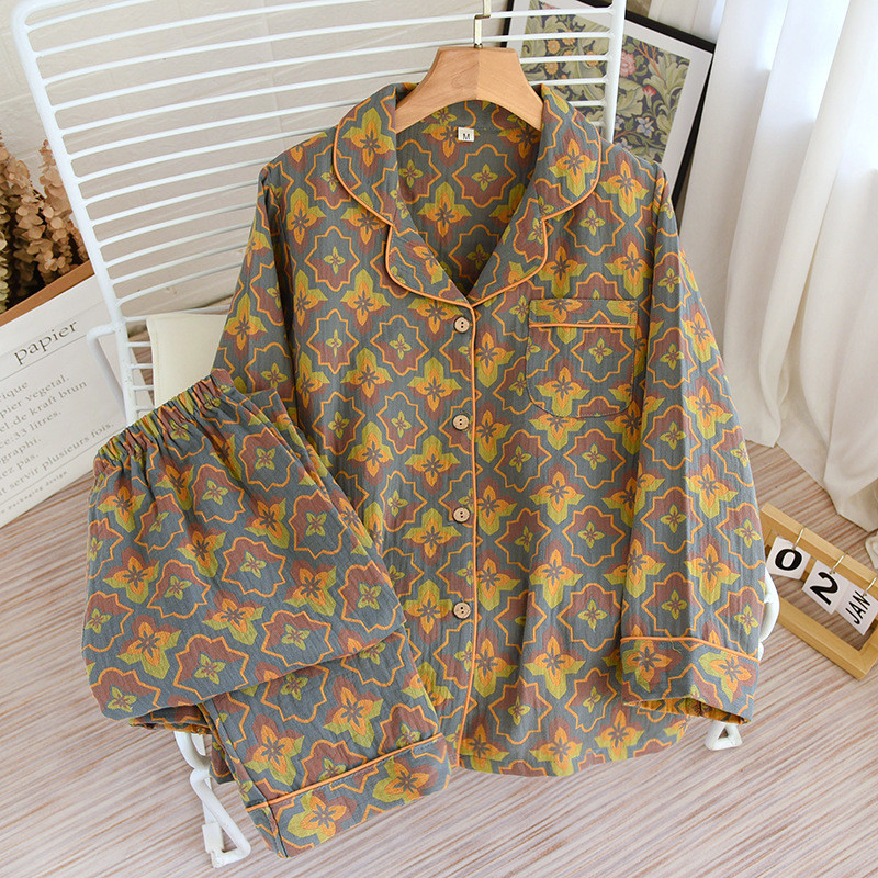 Τα νεότερα λουλούδια εμπριμέ βαμβακερά γυναικεία μακρυμάνικα παντελόνια για το σπίτι Κοστούμι ρετρό στυλ Παντελόνι σετ πιτζάμες για την άνοιξη και το φθινόπωρο