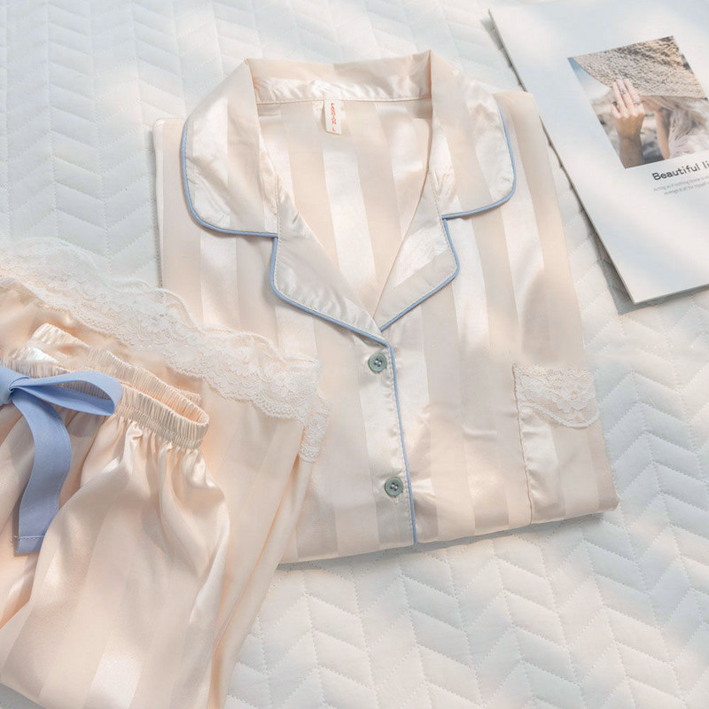 Női selyem pizsama Kétrészes nyári pizsama Strip-Type tömör csipke otthoni ruhák rövid ujjú kardigán otthoni szett alkalmi hálóing