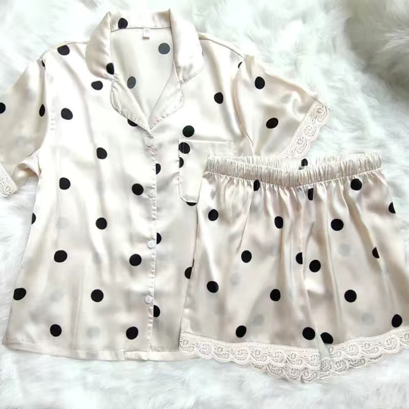 Női selyem pizsama Kétrészes nyári pizsama Strip-Type tömör csipke otthoni ruhák rövid ujjú kardigán otthoni szett alkalmi hálóing