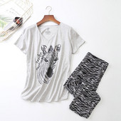 Set de pijamale pentru femei Vară/primăvară Nouă pijamă cu imprimeu cu zebră din desene animate Top cu decolteu în V + pantaloni 2 buc. Îmbrăcăminte de acasă subțire în stil coreean de dimensiuni mari