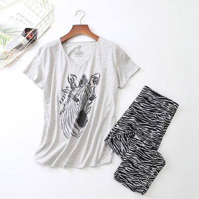 Set de pijamale pentru femei Vară/primăvară Nouă pijamă cu imprimeu cu zebră din desene animate Top cu decolteu în V + pantaloni 2 buc. Îmbrăcăminte de acasă subțire în stil coreean de dimensiuni mari