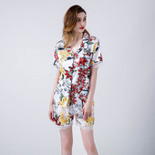 Καλοκαίρι 2023 Νέα Γυναικεία Comfort Σετ πιτζάμες με λουλουδάτο στάμπα με γιακά που ανοίγει προς τα κάτω Γυναικεία ρούχα για το σπίτι με λεπτό μεταξωτό σατέν