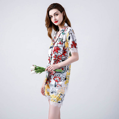 Καλοκαίρι 2023 Νέα Γυναικεία Comfort Σετ πιτζάμες με λουλουδάτο στάμπα με γιακά που ανοίγει προς τα κάτω Γυναικεία ρούχα για το σπίτι με λεπτό μεταξωτό σατέν