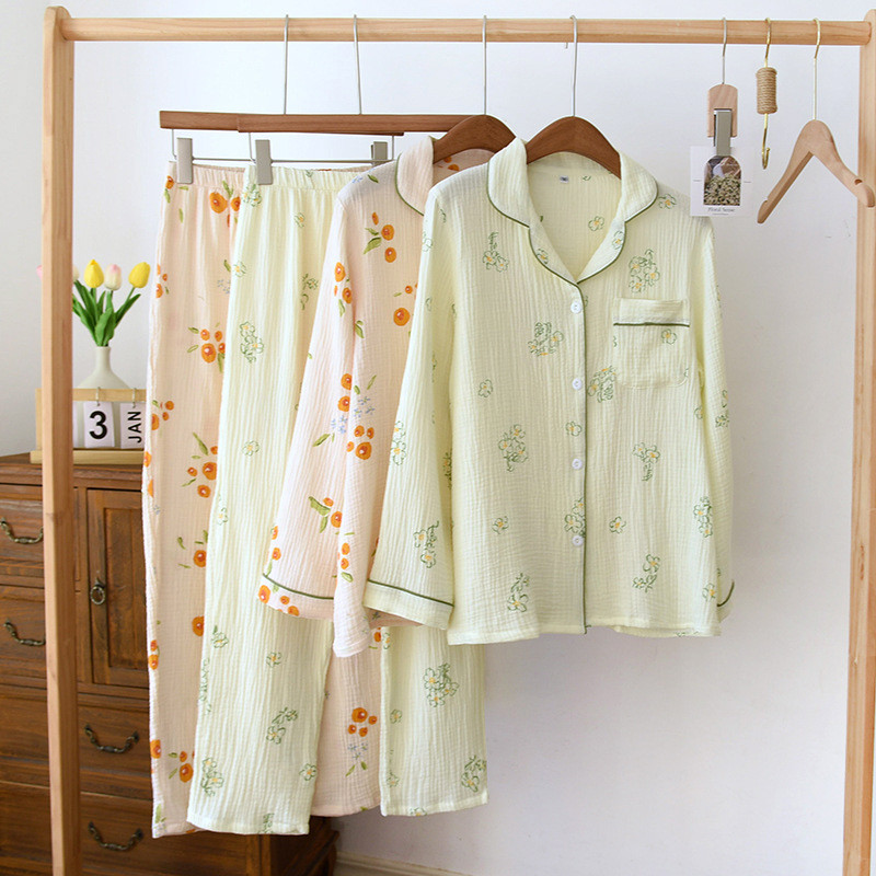 Πυτζάμες από βαμβακερή πυζά Γυναικεία φθινοπωρινή χαριτωμένη γιασεμί τύπωμα πιτζάμες μακρυμάνικο παντελόνι πιτζάμα γυναικείο σετ Negligee κοστούμι ζακέτα