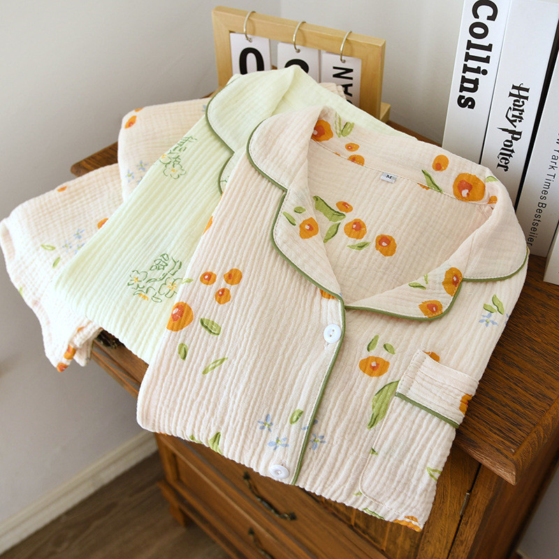 Πυτζάμες από βαμβακερή πυζά Γυναικεία φθινοπωρινή χαριτωμένη γιασεμί τύπωμα πιτζάμες μακρυμάνικο παντελόνι πιτζάμα γυναικείο σετ Negligee κοστούμι ζακέτα