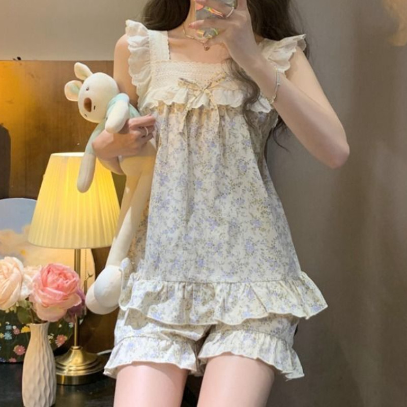 Kompleti pidžama Ženska ljetna slatka noćna odjeća s volanima Meka kućna šik bez rukava Vruća rasprodaja u korejskom stilu Lijepa klasična moda