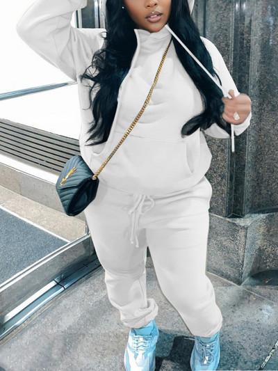 LW Plus Size Nohavice s potlačou písmen, sťahovacia šnúrka, súprava 2023 NOVINKA Jesenný dlhý rukáv, okrúhly výstrih, ležérny športový oblek pre ženy