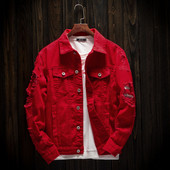 Prowow 2021 Nová jesenná módna pánska bunda Slim Fit Punk Style Hip Hop Denim Jacket Pár Streetwear Dierované bundy