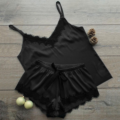 Costum de pijama pentru femei, la modă, cu decolteu în V, Babydoll din satin elastic, lenjerie sexy, pijamale cu fundiță, set de pantaloni scurți de somn Nou