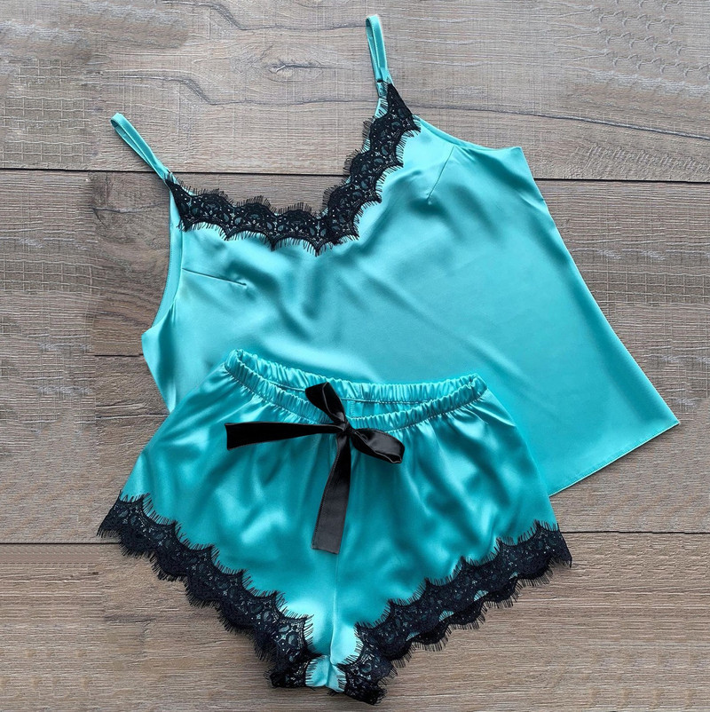 Costum de pijama pentru femei, la modă, cu decolteu în V, Babydoll din satin elastic, lenjerie sexy, pijamale cu fundiță, set de pantaloni scurți de somn Nou