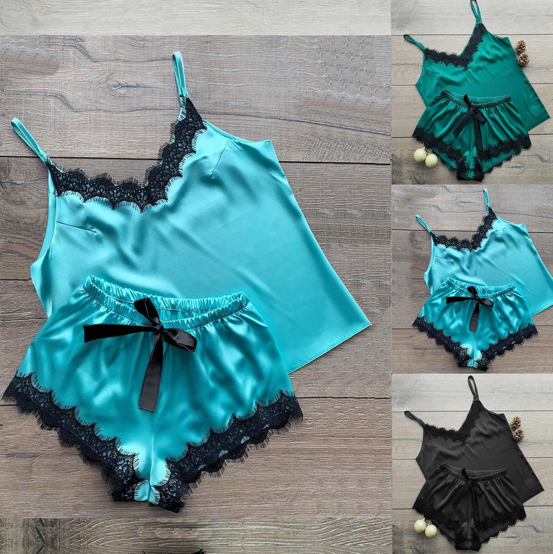 Costum de pijama pentru femei, la modă, cu decolteu în V, Babydoll din satin elastic, lenjerie sexy, pijamale cu fundiță, set de pantaloni scurți de somn Nou