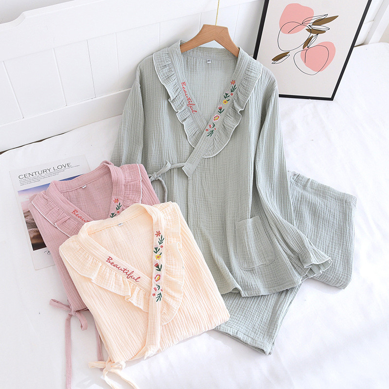 Fdfklak 2022 tavaszi őszi új, mély, V-nyakú hímzés nyomat géz pamut kismama ápoló hálóruha pizsama szett 2 DB