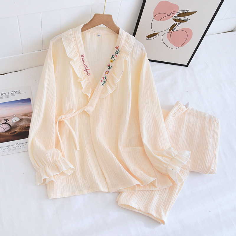 Fdfklak 2022 tavaszi őszi új, mély, V-nyakú hímzés nyomat géz pamut kismama ápoló hálóruha pizsama szett 2 DB