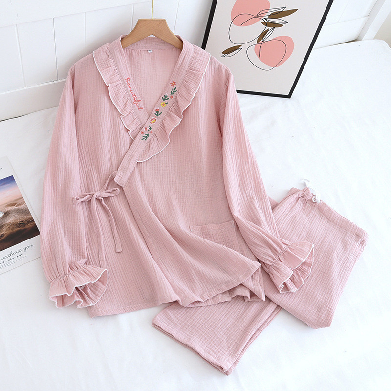 Fdfklak 2022 tavaszi őszi új, mély, V-nyakú hímzés nyomat géz pamut kismama ápoló hálóruha pizsama szett 2 DB