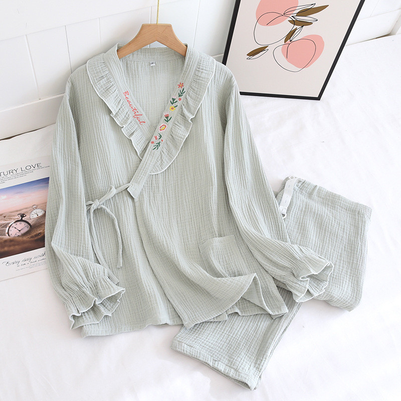 Fdfklak 2022 tavaszi őszi új, mély, V-nyakú hímzés nyomat géz pamut kismama ápoló hálóruha pizsama szett 2 DB