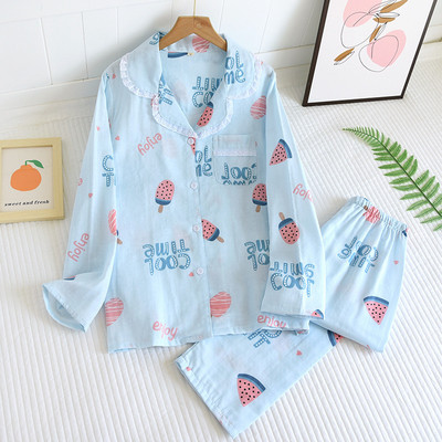 Φρέσκια γάζα 100% βαμβακερή πιτζάμες γυναικεία ανοιξιάτικα γιαπωνέζικα χαριτωμένα casual μακρυμάνικα λεπτά ρούχα για το σπίτι φαρδιά γυναικεία ενδύματα ύπνου