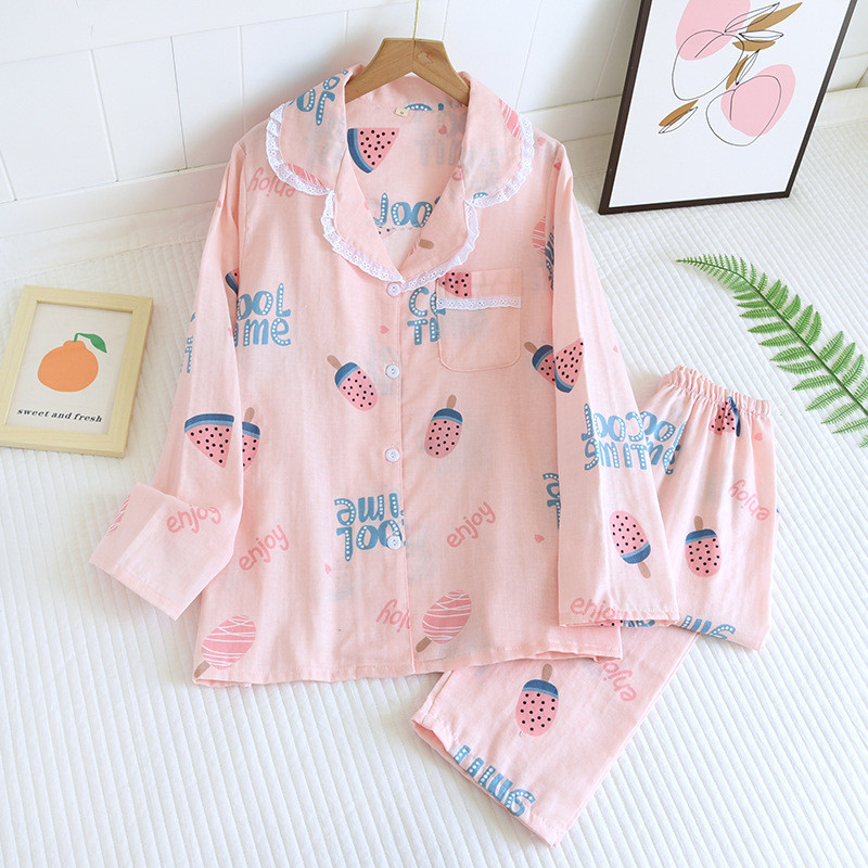 Φρέσκια γάζα 100% βαμβακερή πιτζάμες γυναικεία ανοιξιάτικα γιαπωνέζικα χαριτωμένα casual μακρυμάνικα λεπτά ρούχα για το σπίτι φαρδιά γυναικεία ενδύματα ύπνου