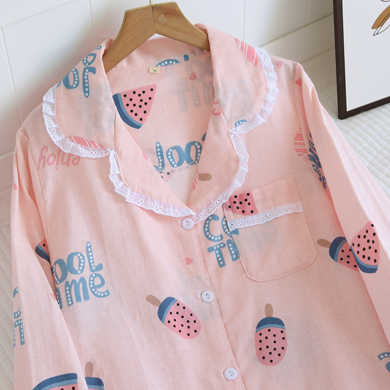 Φρέσκια γάζα 100% βαμβακερή πιτζάμες γυναικεία ανοιξιάτικα γιαπωνέζικα χαριτωμένα casual μακρυμάνικα λεπτά ρούχα για το σπίτι φαρδιά γυναικεία ενδύματα ύπνου