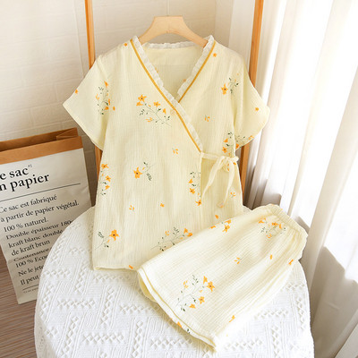 Γελοιογραφία ροδακινί στάμπα για κορίτσια Φρέσκο στυλ Κοντό μανίκι+Σορτς 2 τμχ Σετ πιτζάμες οικιακής χρήσης σε στυλ κιμονό Άνεση γάζα βαμβακερή υπνοδωμάτιο