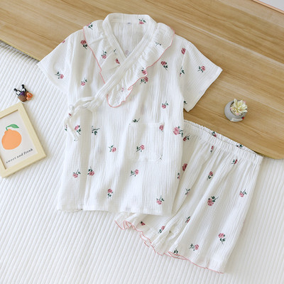 Γελοιογραφία ροδακινί στάμπα για κορίτσια Φρέσκο στυλ Κοντό μανίκι+Σορτς 2 τμχ Σετ πιτζάμες οικιακής χρήσης σε στυλ κιμονό Άνεση γάζα βαμβακερή υπνοδωμάτιο