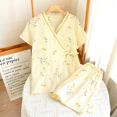 Γελοιογραφία ροδακινί στάμπα για κορίτσια Φρέσκο στυλ Κοντό μανίκι+Σορτς 2 τμχ Σετ πιτζάμες οικιακής χρήσης σε στυλ κιμονό Άνεση γάζα βαμβακερή υπνοδωμάτιο