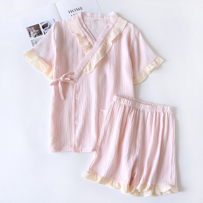 Γελοιογραφία ροδακινί στάμπα για κορίτσια Φρέσκο στυλ Κοντό μανίκι+Σορτς 2 τμχ Σετ πιτζάμες οικιακής χρήσης σε στυλ κιμονό Άνεση γάζα βαμβακερή υπνοδωμάτιο