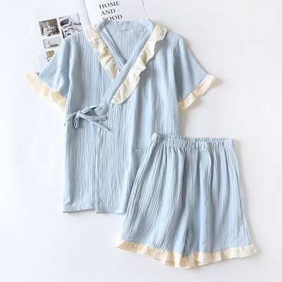 Γελοιογραφία ροδακινί στάμπα για κορίτσια Φρέσκο στυλ Κοντό μανίκι+Σορτς 2 τμχ Σετ πιτζάμες οικιακής χρήσης σε στυλ κιμονό Άνεση γάζα βαμβακερή υπνοδωμάτιο