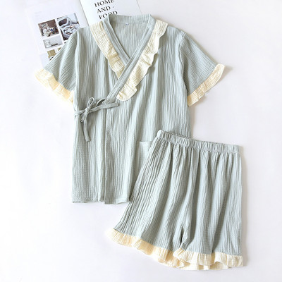 Γελοιογραφία ροδακινί στάμπα για κορίτσια Φρέσκο στυλ Κοντό μανίκι+Σορτς 2 τμχ Σετ πιτζάμες οικιακής χρήσης σε στυλ κιμονό Άνεση γάζα βαμβακερή υπνοδωμάτιο