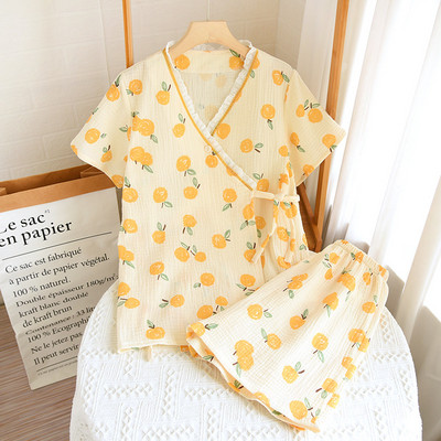 Γελοιογραφία ροδακινί στάμπα για κορίτσια Φρέσκο στυλ Κοντό μανίκι+Σορτς 2 τμχ Σετ πιτζάμες οικιακής χρήσης σε στυλ κιμονό Άνεση γάζα βαμβακερή υπνοδωμάτιο