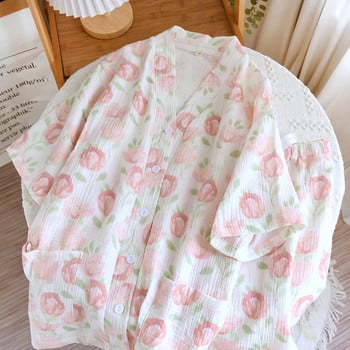 Ρούχα εγκυμοσύνης 100% βαμβακερά Νέα καλοκαιρινή πιτζάμες με λουλούδια για θηλάζουσες μητέρες Νυχτερινή ζακέτα με κοντό μανίκι