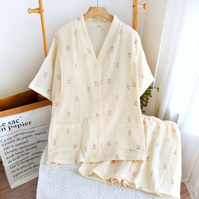 Ρούχα εγκυμοσύνης 100% βαμβακερά Νέα καλοκαιρινή πιτζάμες με λουλούδια για θηλάζουσες μητέρες Νυχτερινή ζακέτα με κοντό μανίκι