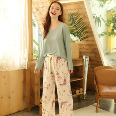Kevadsuvi lilledega trükitud pidžaama magamisriided naiste vabaaja V-kaelusega pikkade varrukatega elastse vöökohaga ööriided Retro naiste pidžaamakomplekt