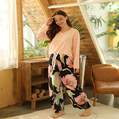 Kevadsuvi lilledega trükitud pidžaama magamisriided naiste vabaaja V-kaelusega pikkade varrukatega elastse vöökohaga ööriided Retro naiste pidžaamakomplekt