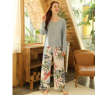 Kevadsuvi lilledega trükitud pidžaama magamisriided naiste vabaaja V-kaelusega pikkade varrukatega elastse vöökohaga ööriided Retro naiste pidžaamakomplekt