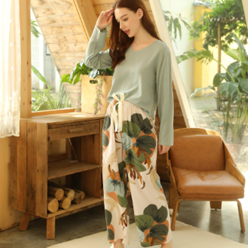 Kevadsuvi lilledega trükitud pidžaama magamisriided naiste vabaaja V-kaelusega pikkade varrukatega elastse vöökohaga ööriided Retro naiste pidžaamakomplekt