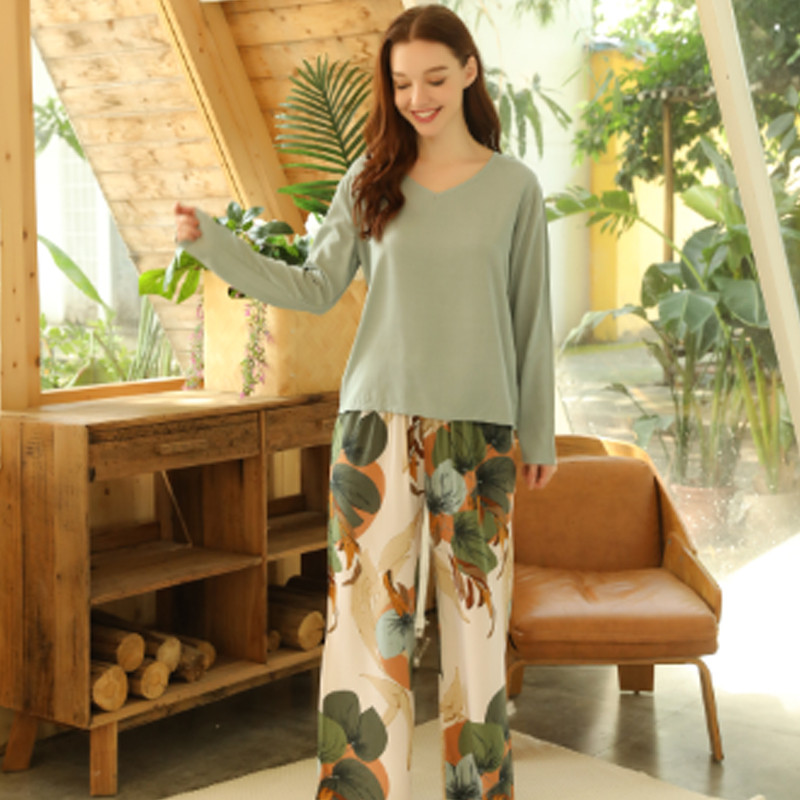 Kevadsuvi lilledega trükitud pidžaama magamisriided naiste vabaaja V-kaelusega pikkade varrukatega elastse vöökohaga ööriided Retro naiste pidžaamakomplekt