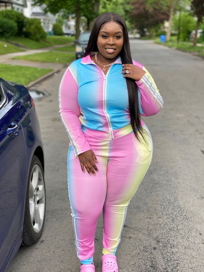 5XL Plus Size Îmbrăcăminte pentru damă Toamna 2022 rever cu imprimeu degradat Pantaloni cu mânecă lungă mozaic casual sport costum de damă supradimensionat