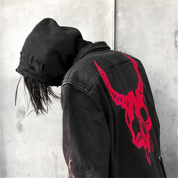 Emo Men Y2K Korean Streetwear Denim Jackets Coat Harajuku Vintage Jeans Coats Gothic Embroidery Demon Hunter Skull Alt Clothes