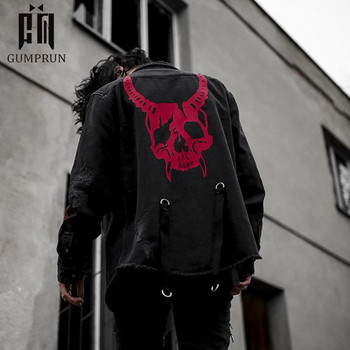 Emo Men Y2K Korean Streetwear Denim Jackets Coat Harajuku Vintage Jeans Coats Gothic Embroidery Demon Hunter Skull Alt Clothes