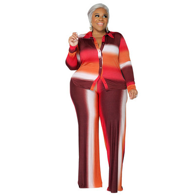 QFAF INS Plus Size Gradient Ριγέ Φαρδύ Φαρδύ Παντελόνι Γυναικείο Σετ Μακρυμάνικο πουκάμισο και ίσιο παντελόνι σετ δύο 2 τεμαχίων