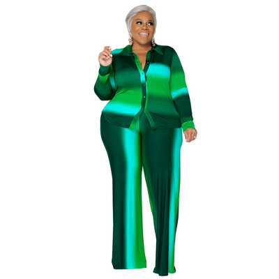 QFAF INS Plus Size Gradient Ριγέ Φαρδύ Φαρδύ Παντελόνι Γυναικείο Σετ Μακρυμάνικο πουκάμισο και ίσιο παντελόνι σετ δύο 2 τεμαχίων