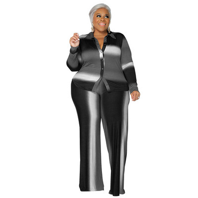 QFAF INS Plus Size Gradient Ριγέ Φαρδύ Φαρδύ Παντελόνι Γυναικείο Σετ Μακρυμάνικο πουκάμισο και ίσιο παντελόνι σετ δύο 2 τεμαχίων