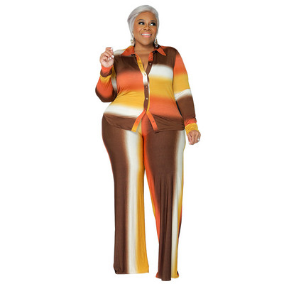 QFAF INS Plus Size Gradient Ριγέ Φαρδύ Φαρδύ Παντελόνι Γυναικείο Σετ Μακρυμάνικο πουκάμισο και ίσιο παντελόνι σετ δύο 2 τεμαχίων