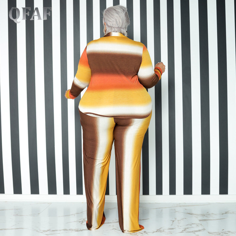 QFAF INS Plus Size Gradient Ριγέ Φαρδύ Φαρδύ Παντελόνι Γυναικείο Σετ Μακρυμάνικο πουκάμισο και ίσιο παντελόνι σετ δύο 2 τεμαχίων