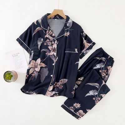 Σετ πιτζάμα Femme 2 τεμαχίων Γυναικείο κοντομάνικο παντελόνι Πιτζάμες Φθινοπωρινό κοστούμι βισκόζης Σετ πιτζάμες εμπριμέ Mujer Pijama Sleepwear