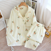 Kevadine ja sügisene uus naiste pidžaama pikkade varrukatega püksid kaheosaline komplekt 100% puuvill Crepe Cmall Loquat suur koduriiete komplekt